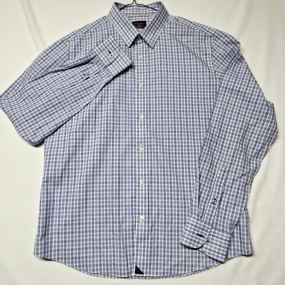 UNTUCKit Button‎ Down Men's Shirt Large Blue White Slim Fit Wrinkle Free Check - Picture 3 of 12